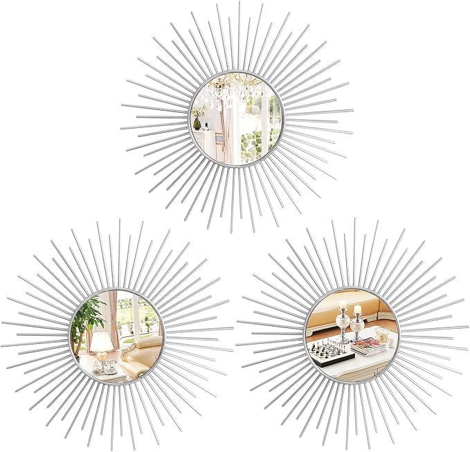 3 Pack Metal Mirrors for Wall Sunburst Wall Mirrors Home Décor Decorative Hanging Wall Art for Living Room Bedroom Entryway (Silver2, Sunburst) by Uaussi