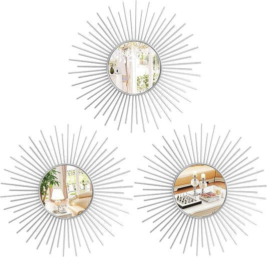 3 Pack Metal Mirrors for Wall Sunburst Wall Mirrors Home Décor Decorative Hanging Wall Art for Living Room Bedroom Entryway (Silver2, Sunburst) by Uaussi