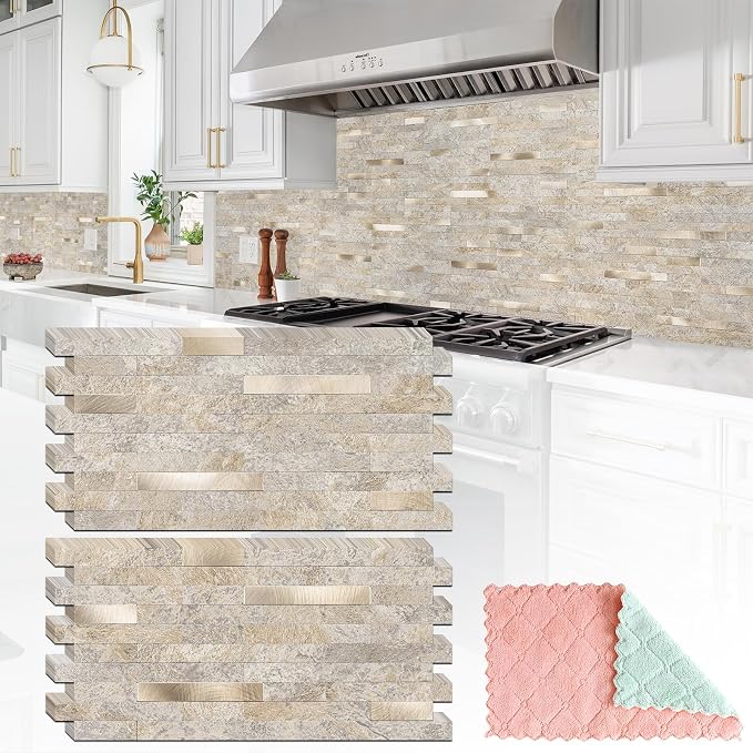 StyloVue 20 Sheets Peel and Stick Backsplash, Dark Beige with Metal Gold Look PVC Wall Tiles Upgrade Your Kitchen Backsplash, RV, Fireplace by StyloVue