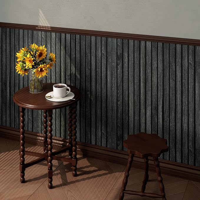 LACHEERY 15.8"x276" Faux Wood Slat Panels for Accent Wall Black Wood Slat Wallpaper Peel and Stick Bathroom Waterproof Wooden Slats Wall Panel Peel and Stick Wallpaper for Bedroom Living Room Walls - Image 4