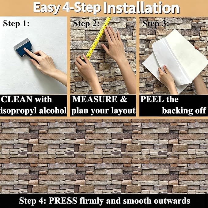 3D Wall Panels Peel and Stick, 10PCS Self-Adhesive Brick Wallpaper | Waterproof, 11.8" x 11.8", PVC,Wall Panel, Brick Stone for Living Room,Lobby Bedroom Office Interior Decoration - Image 3
