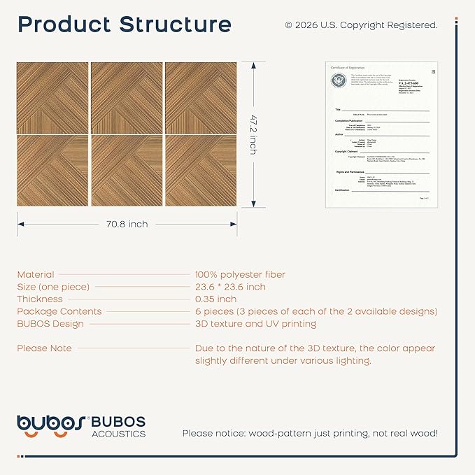 BUBOS 6 Pack Wood Wall Panel,23.6"x23.6" Peel and Stick Faux Acousitc Panel | Luxury Teak Woodgrain Textured Panel for Wall & Home Decor - Self Adhesive Sound Absorbing for Studio,Office, Living Room - Image 3