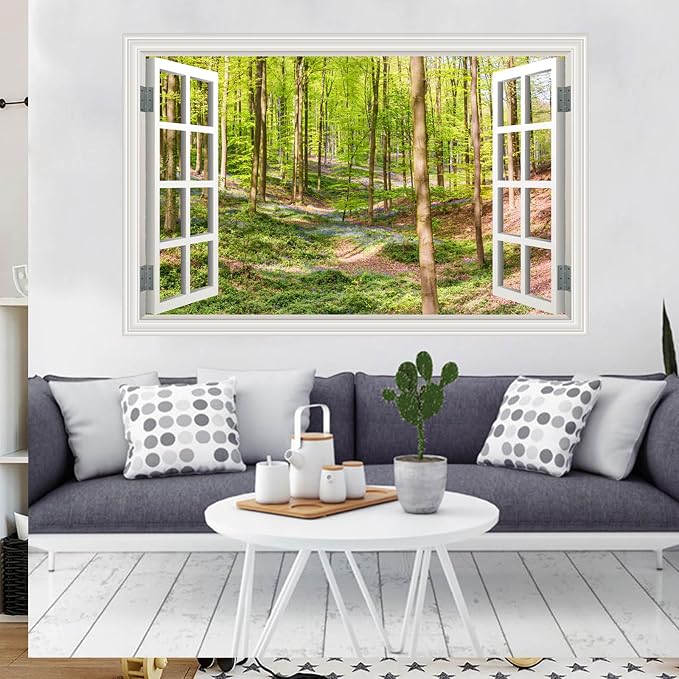Fake Window Wall Decal- Spring Green Forest Tree Open Wall Art Sticker | Faux Window Grassy Hills & Wildflowers Natural Landscape Mural｜Stick and Peel Wall Decals｜for Room Office Scene Decor｜24"x16" - Image 8