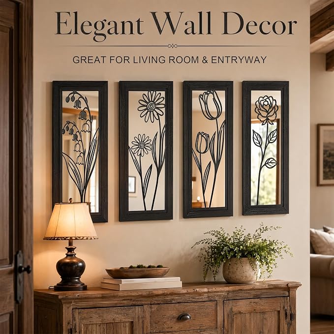 4 Set Farmhouse Mirrors for Wall Decor Living Room Bedroom Bathroom Entryway Wood Rustic Decorative Framed Hanging Wall-Mounted Accent Mirror Mounted Style - Distressed Black 16.5 in - Image 2