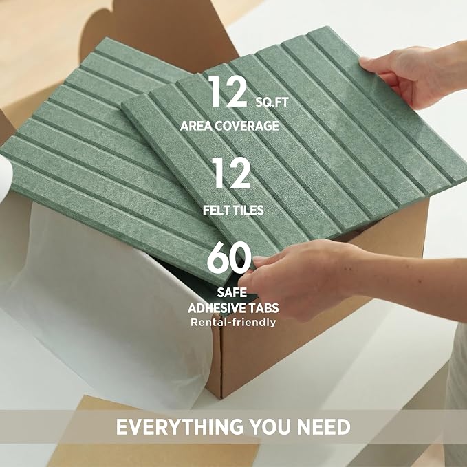 VIVELDA Felt Bulletin Board Tiles 48"x36" - 12-Pack Cork Board Alternative, OEKO-TEX Certified, NRC 0.95 Acoustic Felt Wall Panels, Damage-Free Adhesive, Slatted Design, Home Office & Classroom (Palm) - Image 6