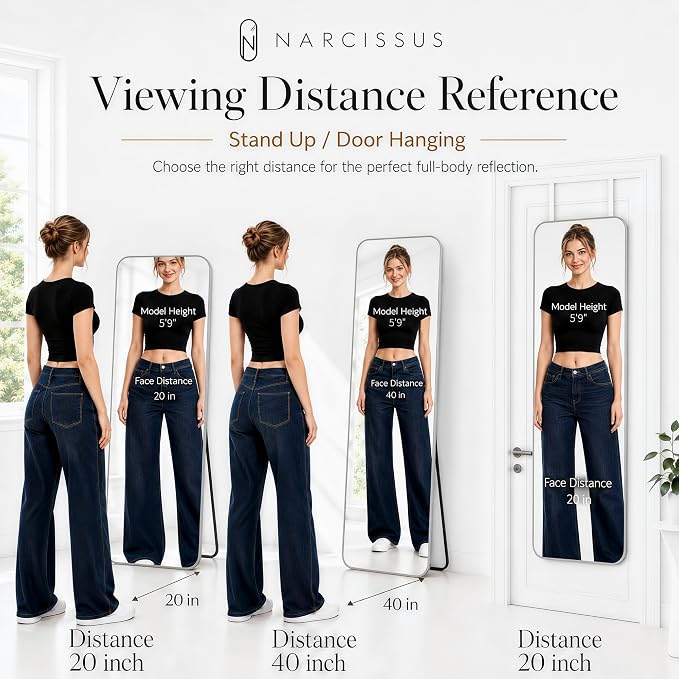NARCISSUS Full Length Mirror 57x20 Inch, Over The Door Mirror with Stand, Wall Mounted or Freestanding/Door Hanging Full Body, Aluminum Alloy Frame, Silver - Image 6