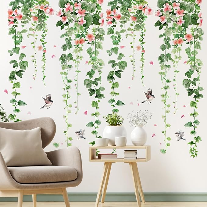 4 Sheets Green Plants Flower Wall Decals Hanging Vine Green Leaves Wall Stickers Watercolor Pink Flowers Wall Art Nature Removable Peel and Stick Wallpaper for Kids Bedroom Nursery Home Decoration 21 by DTLIFEK