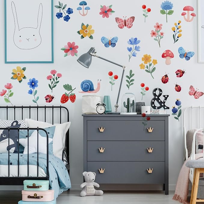 Flowers Wall Decals - Peel and Stick Cute Flowers, Plants and Small Animals Wall Stickers, Removable Bright Colors Floral Wall Decor for Kids Bedroom, Living Room, Nursery Decor Wall Corner Decor - Image 8