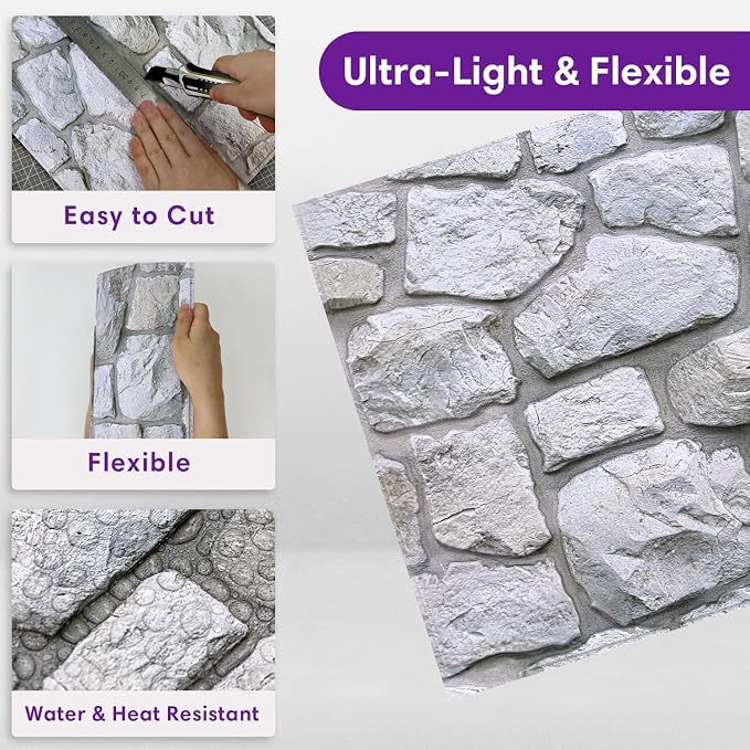 3D Peel and Stick Faux Stone Wall Panels 11.8" x 11.8" 10-Pack | Gray, Stone-Look Textured Wall Sticker, Thin Lightweight PVC Self Adhesive Wall Tiles for Interior Decor, Cover 9.7 sq ft - Image 4