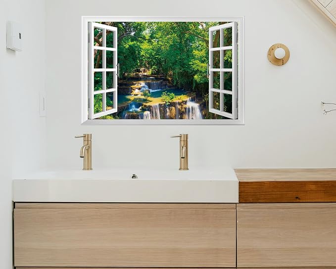 FLFK Fake Window Wall Decal - Jungle Waterfall Faux Window Wall Mural for Wall Decor, Peel and Stick Wall Sticker,24"x16" - Image 3