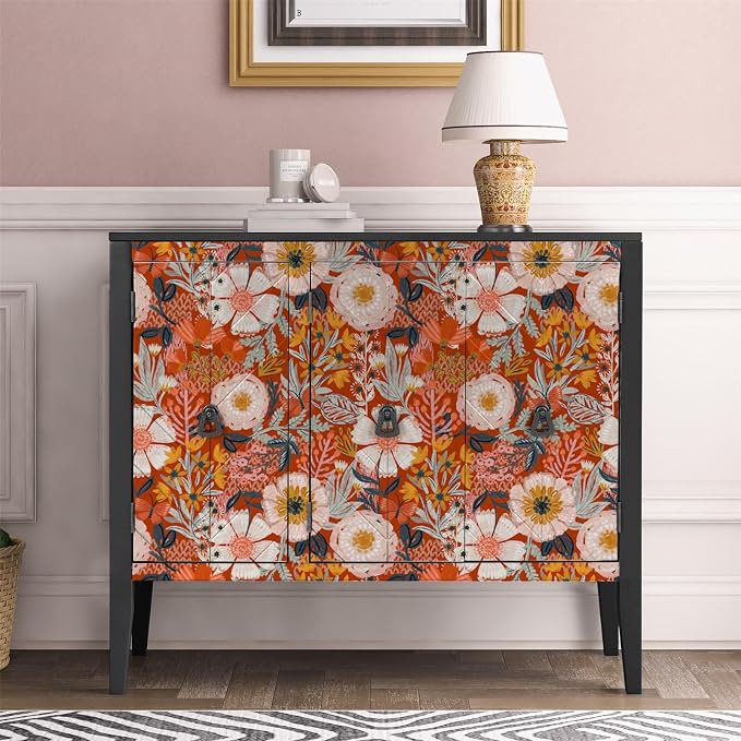 HAOKHOME Red Floral Peel and Stick Wallpaper Bathroom Vintage Contact Paper | Retro Textured Wall Paper Botanical Renter Friendly Removable Orange Flowers Bedroom Accent Decor Wall Mural 17.3in x 9.8ft - Image 5