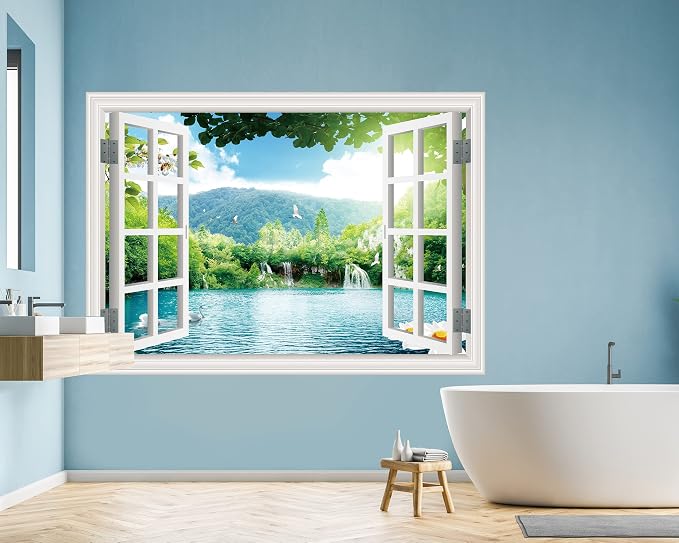 FLFK Fake Window Wall Sticker - Landscape Faux Window Wall Mural for Wall Decor, Stick and Peel Wall Decals,48"x32",Set of 2 Sheets - Image 2