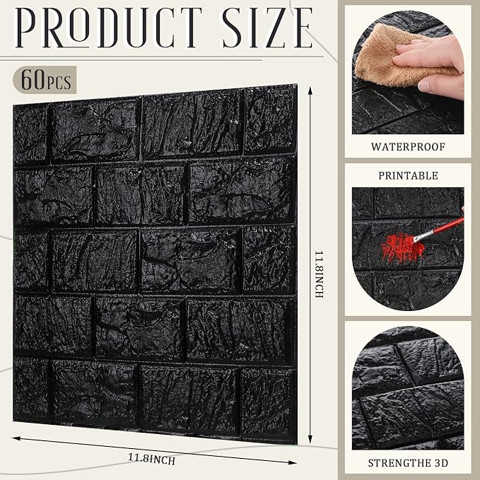 Colarr 60 Pcs 58 Sq ft 3D Wall Panels Peel and Stick Faux Foam 3D Brick Wallpaper Faux Paneling Adhesive Wall Covering Panels Decorative Medieval Tiles Waterproof for Bedroom(Black) - Image 2