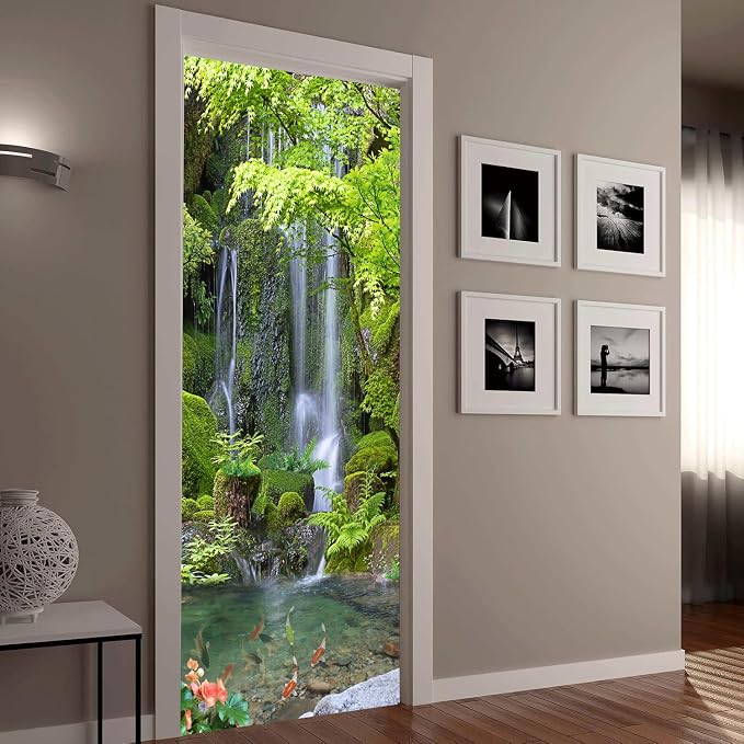 artfanke 3D Peel and Stick Door Sticker 33.5"x84.6"-Self-Adhesive Door Murals Wallpaper-Green Forest Waterfall Wall Decal for Home Decor (2 Sheets/Set) - Image 7