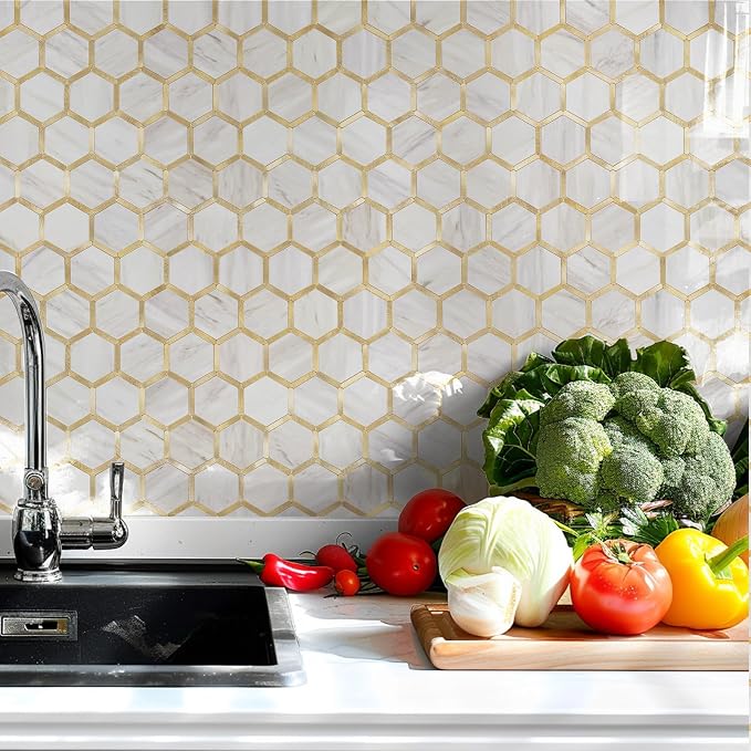 STICKGOO Hexagon Peel and Stick Backsplash Tile, Stick on Backsplash for Kitchen and Bathroom, Glossy Eurasian Wood Grain PVC Mixed Metal Gold Self Adhesive Wall Tiles(10 Sheets, Seamless) - Image 6
