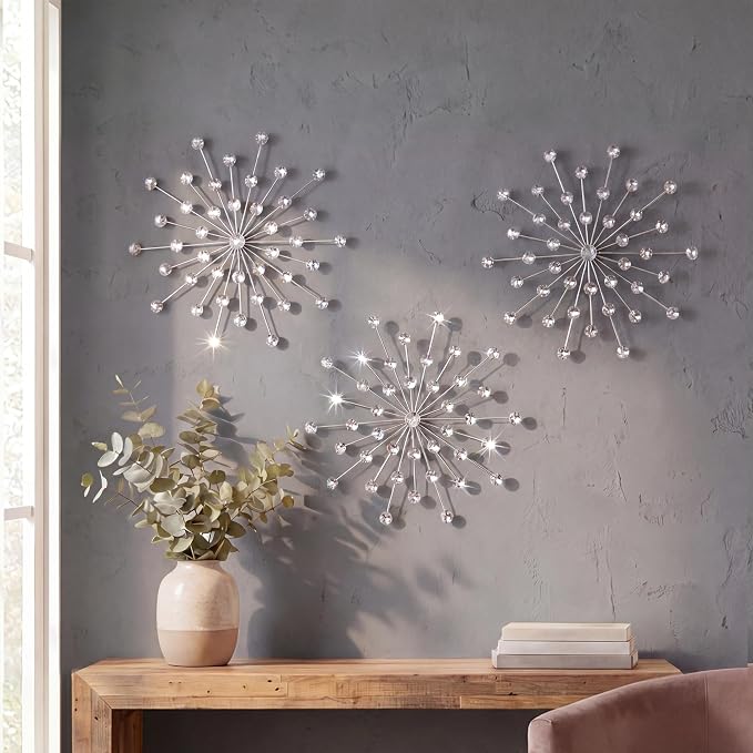 ZEXUIRU 3 Set Silver Starburst Wall Art for Home Decor Metal Bling Crystal Rhinestones Sunburst Wall Decor Sparkling Rhinestone Art Accent Silver - 13in by ZEXUIRU