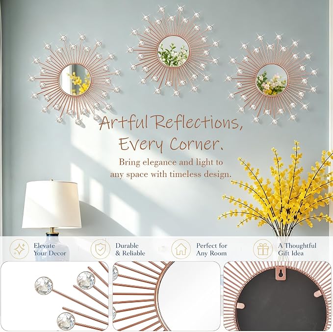 3 Pack Metal Mirrors for Wall Sunburst Wall Mirrors Home Décor Decorative Hanging Wall Art for Living Room Bedroom Entryway (Rose Gold2 Crystal, Sunburst) - Image 2