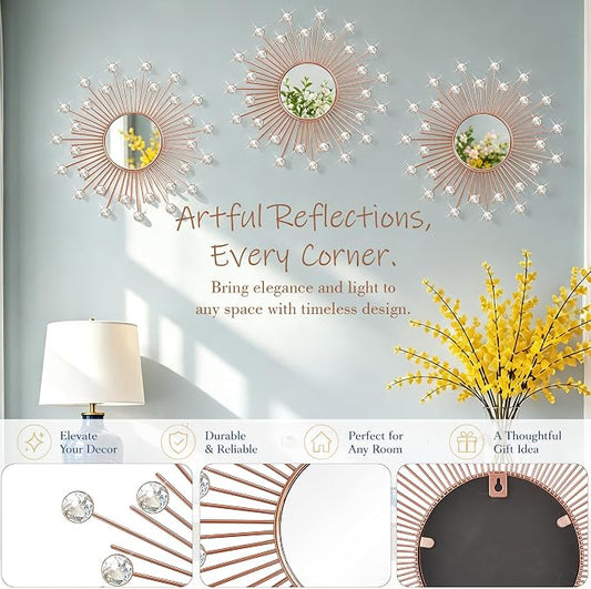 3 Pack Metal Mirrors for Wall Sunburst Wall Mirrors Home Décor Decorative Hanging Wall Art for Living Room Bedroom Entryway (Rose Gold2 Crystal, Sunburst) - Image 2