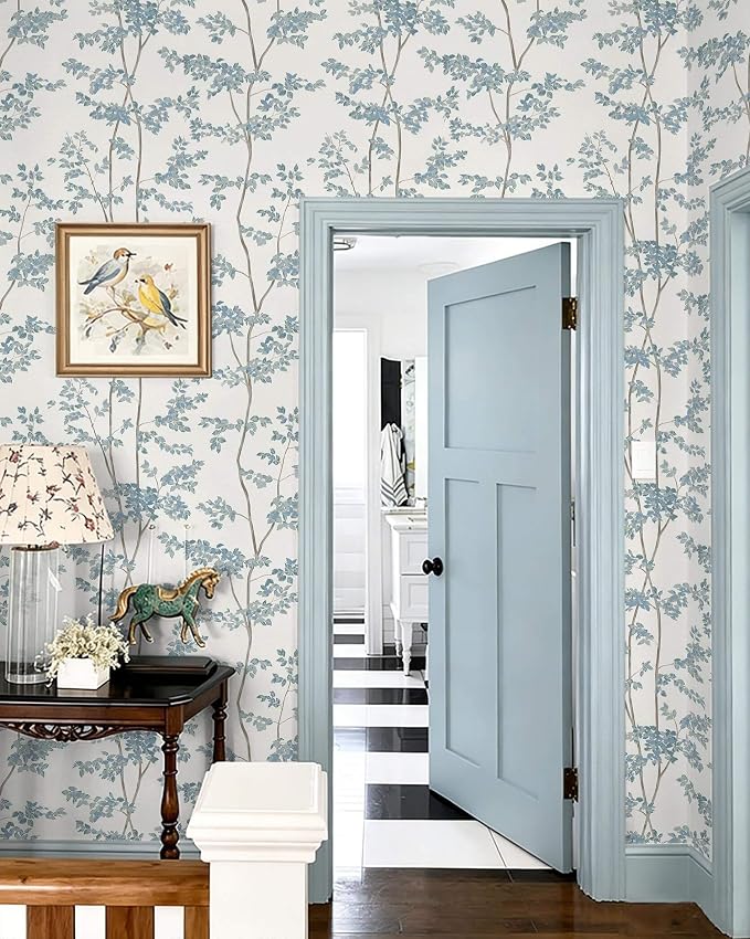 Heroad Blue and White Peel Stick Wallpaper Tree/Leaf Cottage Contact Paper | Waterproof Removable Botanical Wall Paper for Bathroom,17.3''x78.7'',Modern Farmhouse Decor Vinyl for Bedroom,Kitchen,Laundry - Image 2