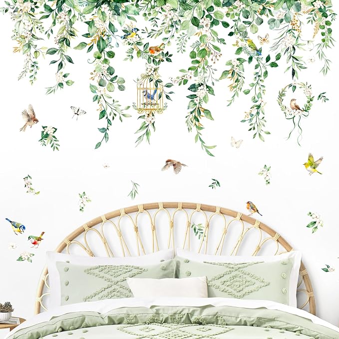 Supzone Hanging Vine Leaves Wall Decals - 45" x 28" Green Eucalyptus Leaves Flowers Birds Vinyl Wall Stickers for Living Room Bedroom TV Sofa Backdrop Decor by Supzone
