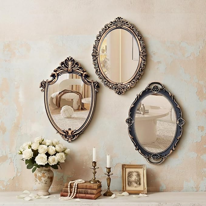 Beeveer 3 Style Vintage Mirrors Set Decorative Oval Wall Mirror Small Antique Mirrored Tray Decorative Hanging Mirror for Bathroom Bedroom Jewelry Organizer Victorian Decor (Shield,Antique Gold) by Beeveer