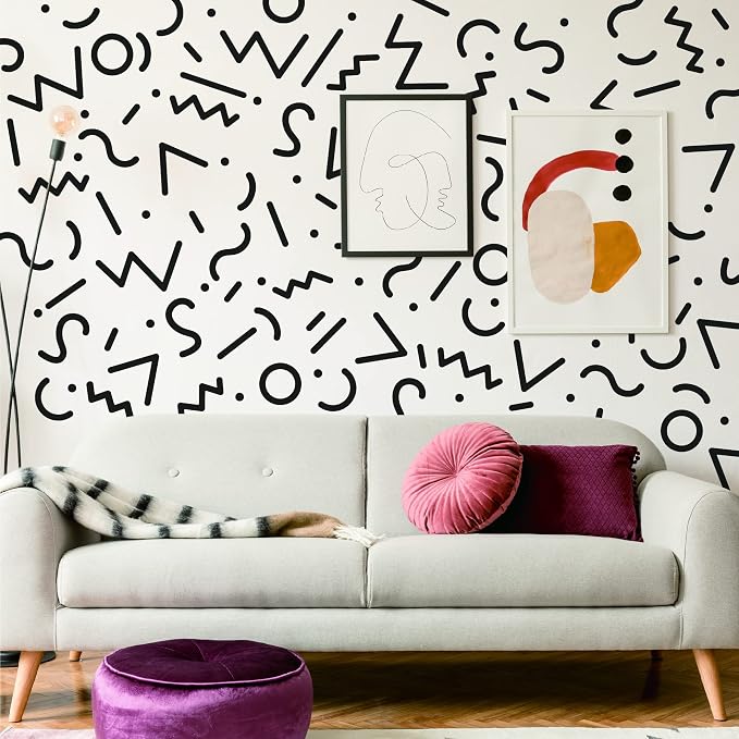 Black Memphis Style Wall Decals, 80s Retro Geometric Wall Décor | Stunning Memphis shapes for a bold 80s accent wall. Peel and stick matte vinyl stickers for home, office, dorm, bathroom. - Image 4