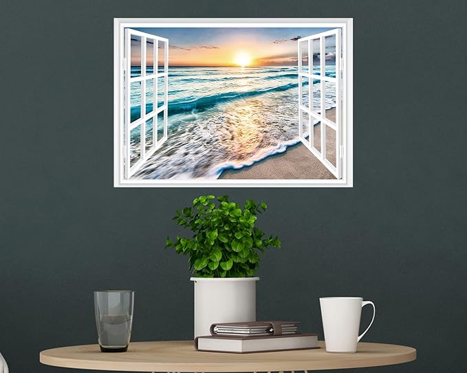 FLFK Fake Window Wall Sticker - Sunset Beach Faux Window Wall Mural for Wall Decor, Stick and Peel Wall Decals,16"x24" - Image 3