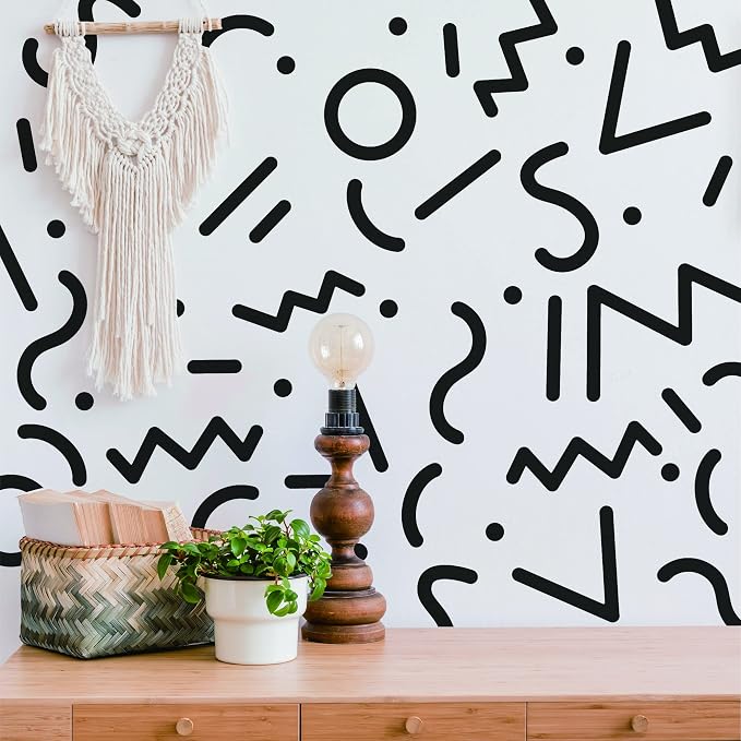 Black Memphis Style Wall Decals, 80s Retro Geometric Wall Décor | Stunning Memphis shapes for a bold 80s accent wall. Peel and stick matte vinyl stickers for home, office, dorm, bathroom. - Image 2