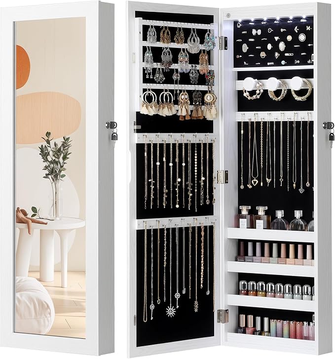 Nicetree 6 LEDs Mirror Jewelry Cabinet, Jewelry Organizer with Full Length Mirror, Wall/Door Mounted Jewelry Organizer, Full Length Mirror with Storge (Textured White) by Nicetree