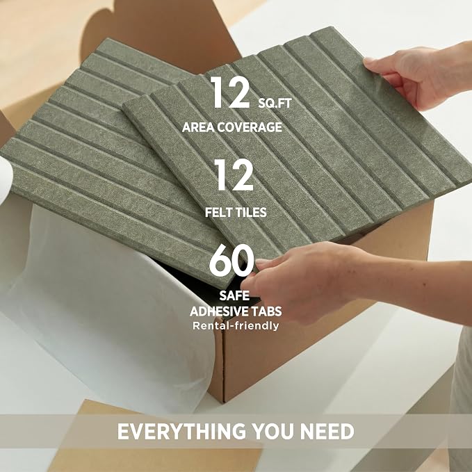 VIVELDA Felt Bulletin Board Tiles 48"x36" 12-Pack, Cork Board Alternative, OEKO-TEX Certified, NRC 0.95 Acoustic Wall Panels, Damage-Free Adhesive, Slatted Design, Home Office, Classroom (Khaki Green) - Image 6