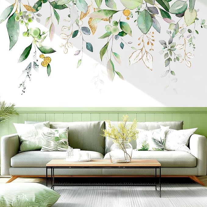 Green Plants Leaves Wall Decals Peel and Stick, Large Hanging Herbal Vinyl Wall Stickers, Removable Vine Home Decor Art for Bedroom Living Room Classroom Office by VePret