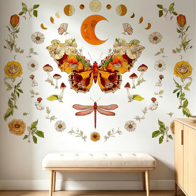 Vintage Moth Moon Phase Mushroom Floral Flower Boho Wall Decals Decor Art | Vintage boho earth tone wildflowers peel and stick removable vinyl wall stickers for living room bedroom office - Image 6
