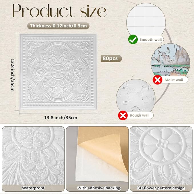 Nuanchu 80 Pcs 13.8 x 13.8 Inch Ceiling Tiles Peel and Stick, Exquisite | Foam White 3D Wall Panels 26-105.5 Sq. ft Adhesive Glue up Waterproof Wallpaper for DIY Office Home - Image 2