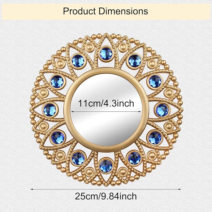 DXYAKY Gold Round Decorative Wall Mirrors Set of 3, Lightweight Plastic Framed Mirrors with Blue Crystal Accents, 9.8 Inch Vintage Boho Wall Decor for Livingroom, Bedroom, Entryway - Image 6