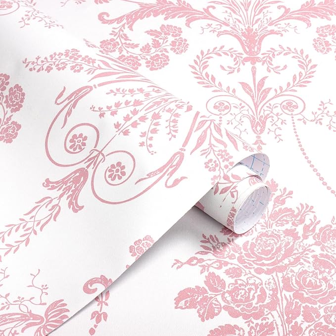 Damask Floral Peel and Stick Wallpaper Boho Pink and White Contact Paper | 17.3" X 394" Pink Damascus Decorative Wallpaper DIY Removable Self Adhesive Wallpaper for Bedroom Cabinets Covering Vinyl by EchoSphere