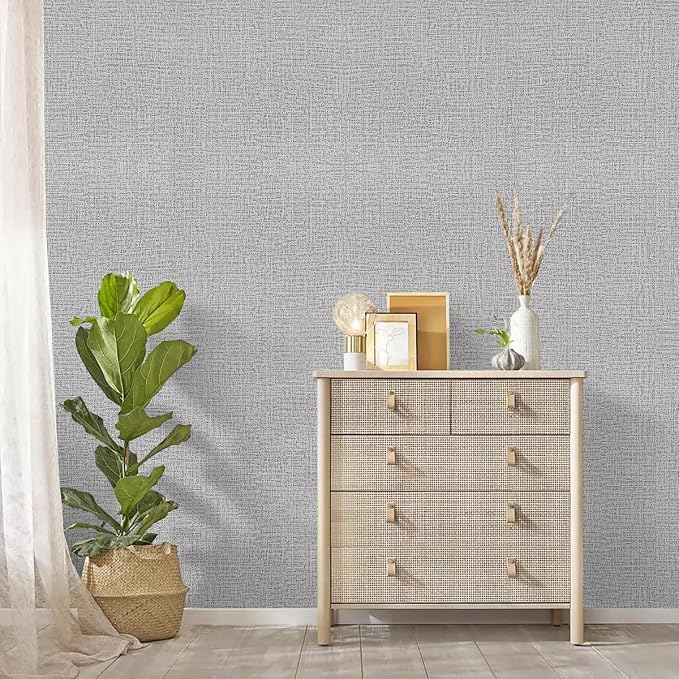 Grey Grasscloth Peel and Stick Wallpaper Fabric Paper 17.7in x 118in | Faux Linen Vintage Wallpaper Textured Removable Wall Paper Grass Cloth Cabinets Bedroom for Cabinet Self Adhesive Vinyl - Image 6