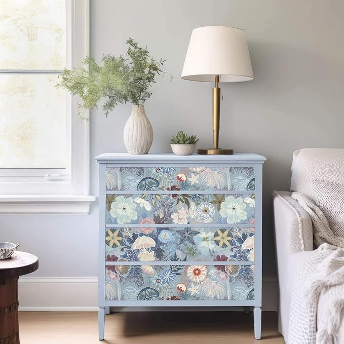 Ismoon Floral Peel and Stick Wallpaper Vintage Blue Contact Paper Jellyfish Ocean Stick on Wall Paper Removable Self Adhesive Vinyl Wallpaper for Bedroom Wall Decor Cabinet Refurbishment 17.3x393in - Image 2