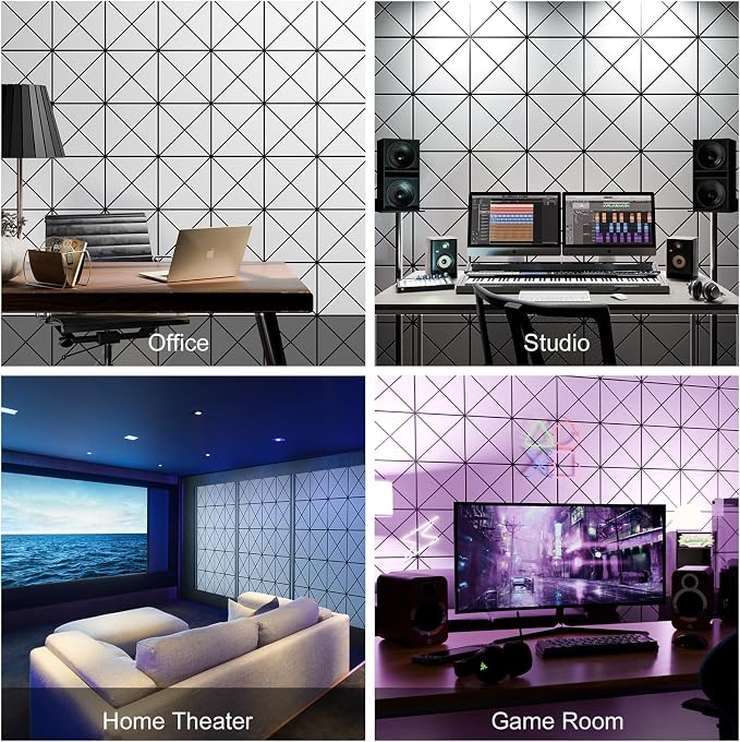 Sonicism 20 Pack X-Lined Acoustic Panels with Self-Adhesive, 12" X 12" X 0.4" Sound Proof Foam Panels, Decorative Soundproof Wall Panels, Sound Absorbing Tiles for Home & Offices (BlackBase+WhiteFace) - Image 6