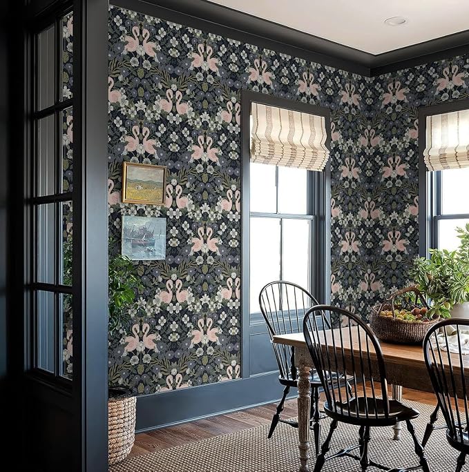 Heroad Vintage Peel and Stick Wallpaper Boho Floral Flamingo Contact Paper Dark William Morris Wall Paper Removable Renter Friendly Wallpaper for Bedroom Nursery Farmhouse Vinyl Rolls 17.3''X 78.7'' - Image 7