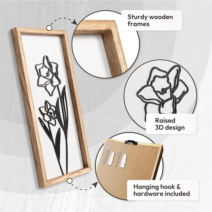 3D Black and White Wall Art (Set of 2) Lightweight, Wooden Ready-to-Hang Framed Floral Wall Art for Bathroom, Bedroom, Living Room or Office – Boho Botanical Farmhouse Decor – Gift-Boxed - Image 5
