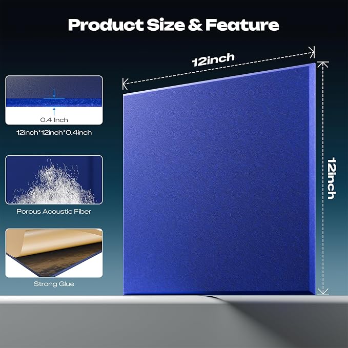Sonicism 12 Pack Acoustic Wall Panels with Self-Adhesive, 12" X 12" X 0.4" Sound Proof Foam Panels, Decorative Soundproof Wall Panels, Sound Proof Absorbing Tiles for Home & Offices, Blue - Image 4