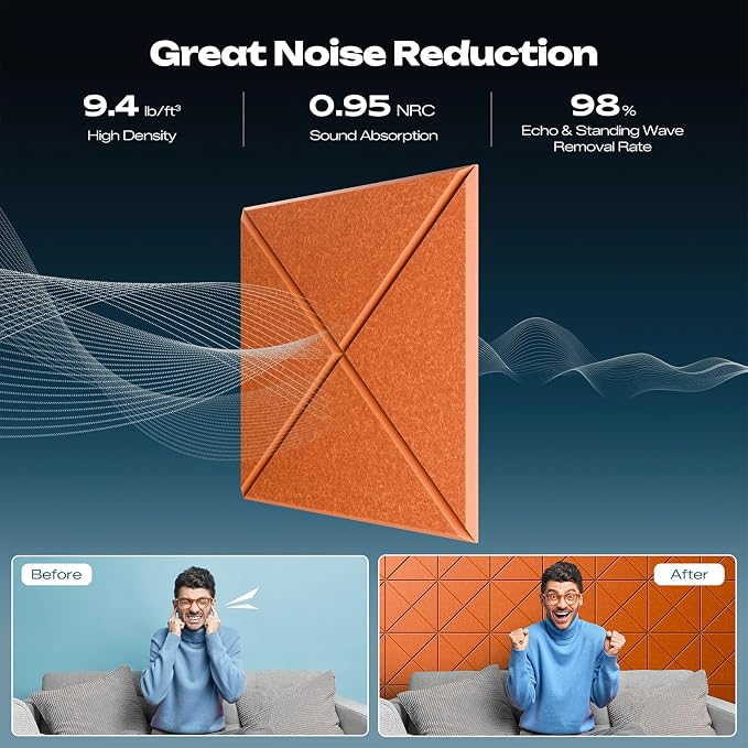 Sonicism 22 Pack X-Lined Acoustic Panels with Self-Adhesive, 12"X 12"X 0.4" Sound Proof Foam Panels, Decorative Soundproof Wall Panels, Sound Absorbing Tile for Home & Offices, Orange - Image 3