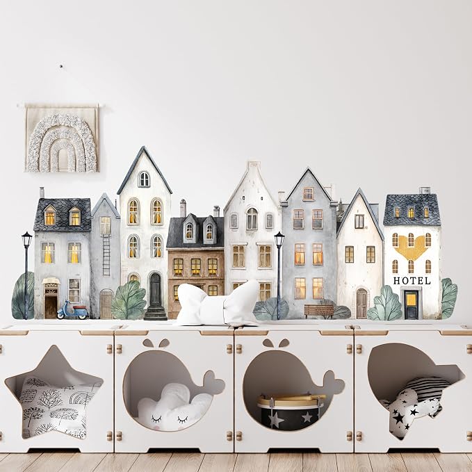 Watercolor Towns Village Wall Decal, Peel and Stick Nursery Mural Wall Stickers for Kids, Boys and Girls Room, Bedroom & Toddler Room Decor by Unknown