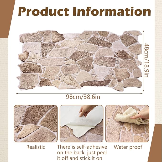3D Faux Stone Wall Panels 12 Pack Covers 55.6 Sq ft, 38.6" x 18.9" | Peel and Stick, Lightweight PVC Wall Tiles for Interior Accent Walls Living Room TV Background Fireplace Surround(5.16m2) - Image 2