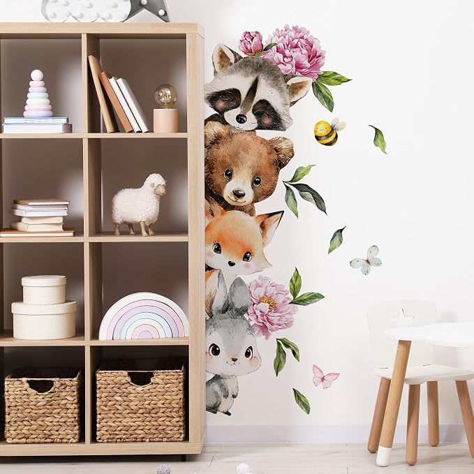 Woodland Animal Peeking Wall Decals, Removable Nursery Jungle Animals Butterflies, Flowers Wall Stickers for Kids, Boys and Girls Room, Bedroom & Toddler Room Door Decor (Animal Door Decals 61) by Unknown