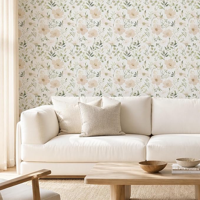 Floral Peel and Stick Wallpaper 17.7in x 393.7in | Watercolor flower removable self adhesive design for cottagecore bedroom accent walls - Image 2