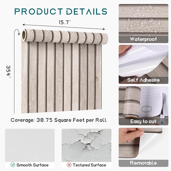 VEELIKE Grey Wooden Slats Peel and Stick Wallpaper Wood Contact Paper for Walls Kitchen Cabinets 15.7''x354'' Waterproof Self Adhesive Slats Wood Panel Vinyl Wallpaper for Bedroom Wall Décor Farmhouse - Image 8