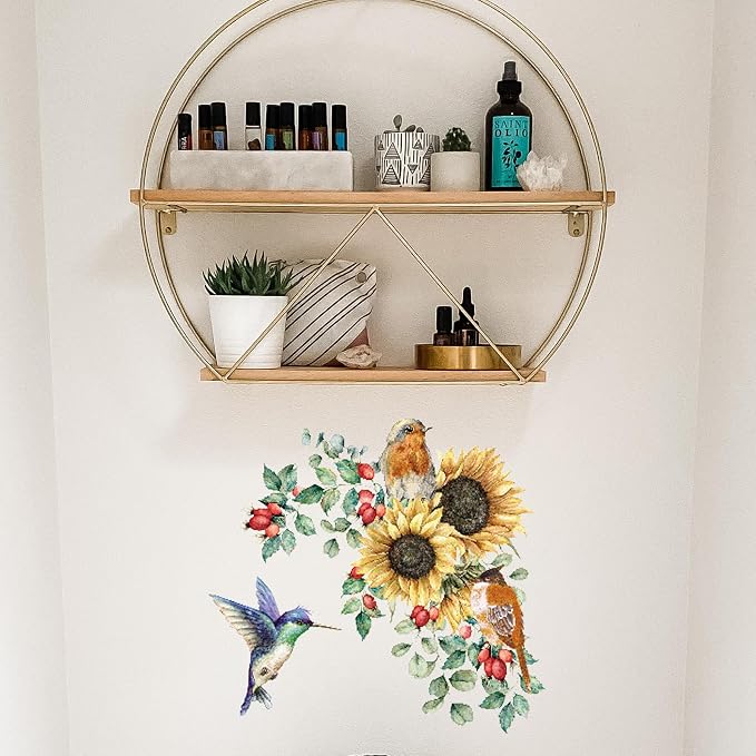 Sunflower Wall Stickers & Murals Bird Wall Decals Peel and Stick Yellow Flower Window Clings Watercolor Hummingbird Art Decor Wall Clings Kitchen Cabinet Decals for Bathroom Toilet Tank Girls Bedroom - Image 6