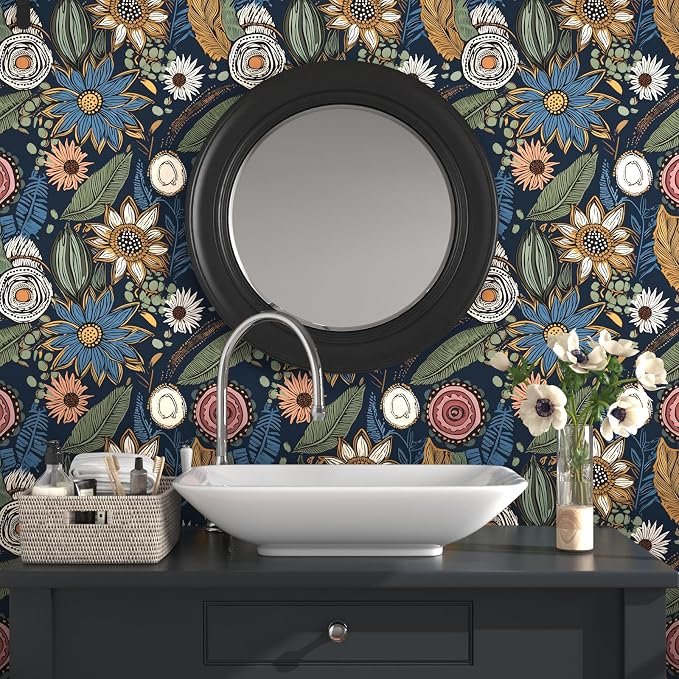 Laatse Boho Wallpaper Peel and Stick 17.5"x118", Navy Blue Contact Paper | Self Adhesive/Removable/Waterproof/Thick Vinyl Wall Paper for Bathroom Bedroom Shelf Cabinet Drawer,Prepasted,Easy Peel - Image 2