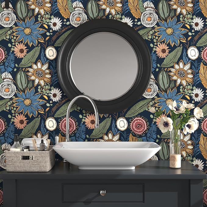 Laatse Boho Wallpaper Peel and Stick 17.5"x78.7", Navy Blue Contact Paper | Self Adhesive/Removable/Waterproof/Thick Vinyl Wall Paper for Bathroom Bedroom Shelf Cabinet Drawer,Prepasted,Easy Peel - Image 2
